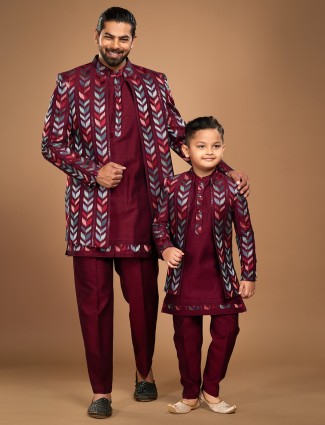 Maroon silk father and son indowestern