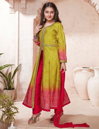 Mehendi green printed raw silk salwar suit for festive events