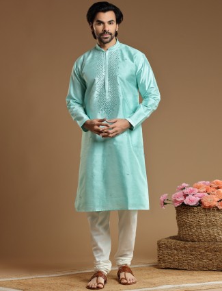 Mint blue cotton silk kurta suit for men