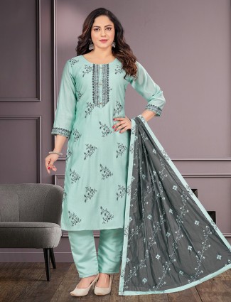 Mint green silk straight cut salwar suit