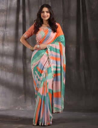 Multi color muslin pinted saree for festive
