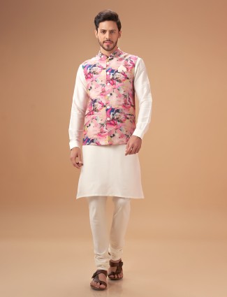 Multi color printed silk waistcoat set