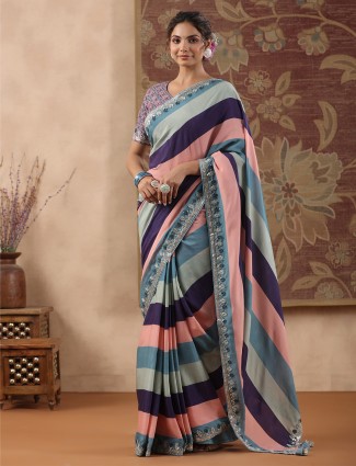 Multi color stripe muslin saree for festive
