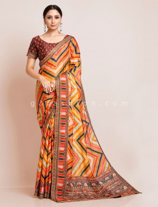 Multicolor zigzag style satin saree with readymade blouse