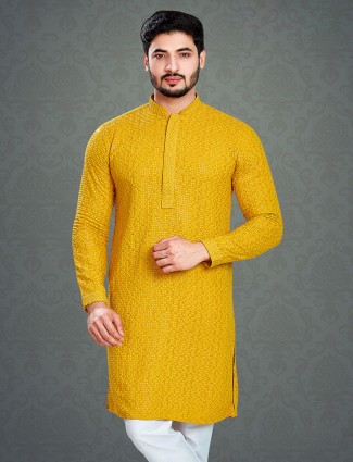 Mustard yellow cotton embroidery kurta
