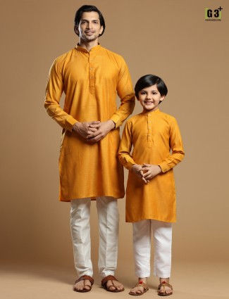 Mustard yellow father and son kurta suit in cotton