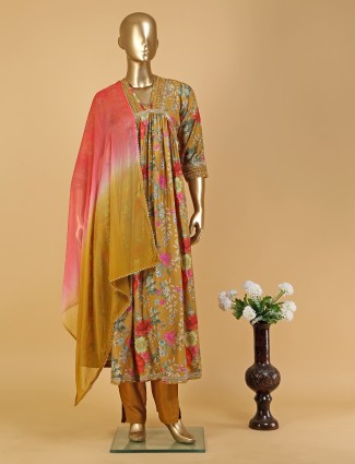 Mustard yellow printed kurti set in silk