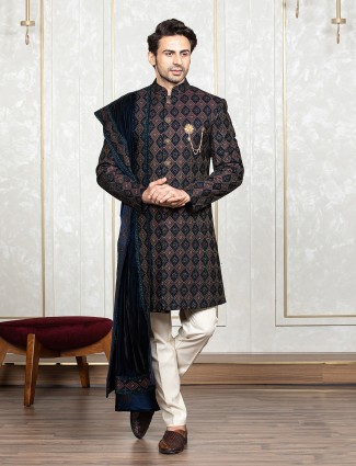 Navy and yellow embroidery indowestern