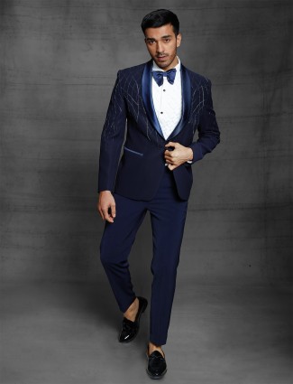 Navy party function tuxedo coat suit in terry rayon