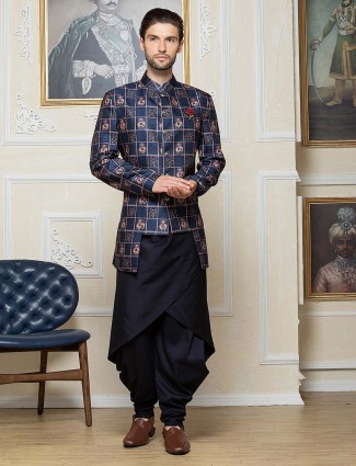 Navy printed pattern silk dhoti style indo western