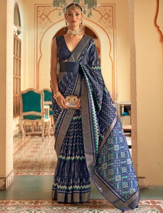 Navy silk printed saree for wedding