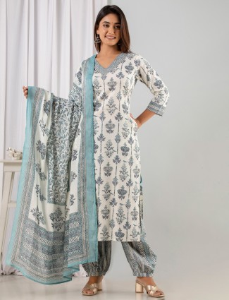 Off white and blue printed cotton kurti set