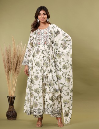 Off white and green printed cotton kurti set