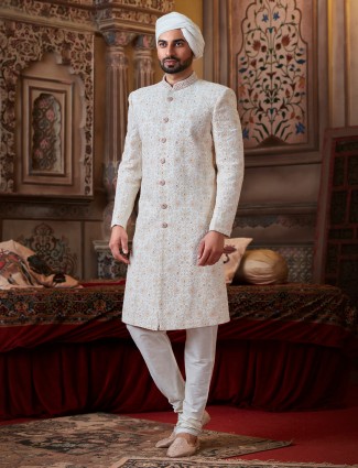 Off white georgette groom wear sherwani