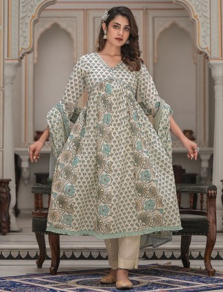 Off white printed casual kurti set in cotton