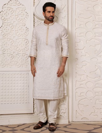 Off white rich silk festive wear kurta suit for men