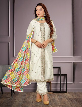 Off-white silk salwar suit with printed dupatta