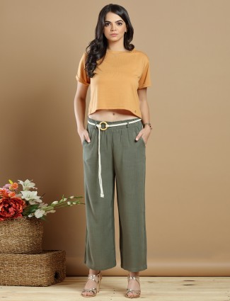 Olive green linen casual look palazzo pant