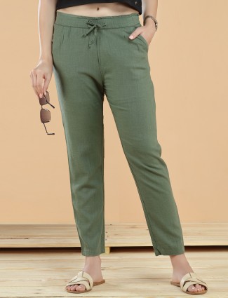 Olive plain linen pant for casual