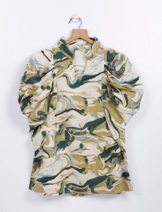 Olive printed rayon cotton top