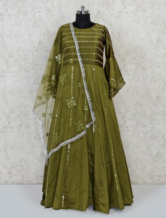 Olive raw silk party function floor length anarkali suit