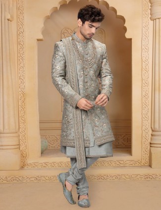 Grey raw silk wedding wear men sherwani