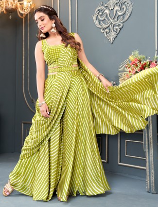 Olive stripe palazzo suit with attached drape