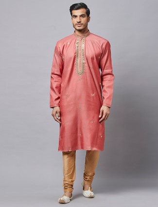 Peach color silk kurta set for mens