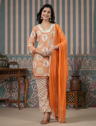 Orange and white cotton kurti set