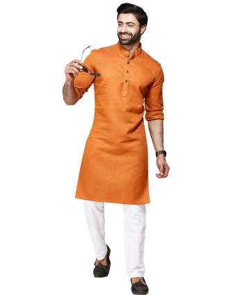 Orange plain cotton kurta suit for men