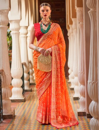 Orange printed wedding saree