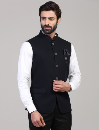 Party wear solid navy knitted waistcoat