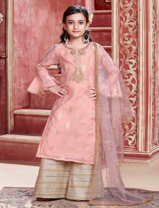 Peach cotton silk palazzo suit for girls