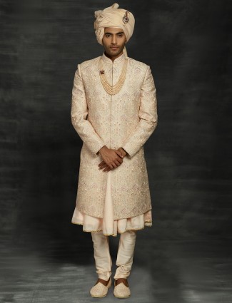 Peach exclusive silk achkan sherwani set for groom