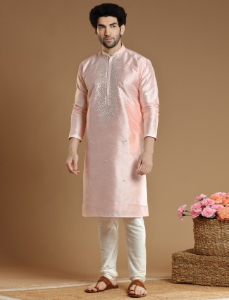 Peach hued cotton silk kurta suit for men