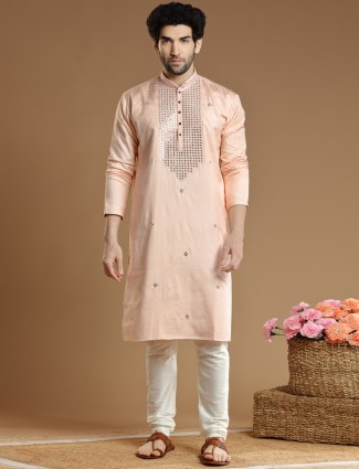 Peach hued festive wear cotton silk kurta suit