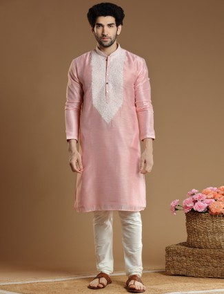 Baby pink hued silk kurta suit for men