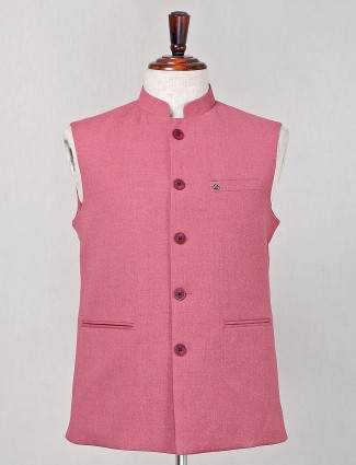 Peach hued solid cotton silk waistcoat for mens