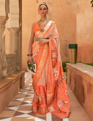 Peach patola printed silk saree for wedding