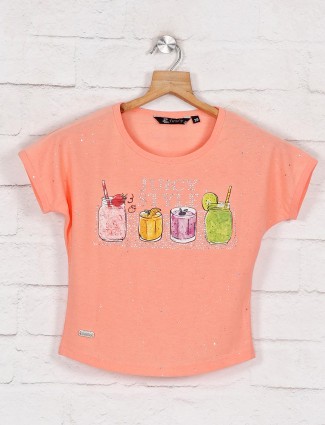 Peach printed casual top for girls