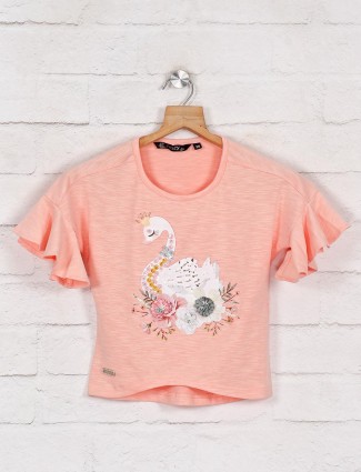 Peach printed cotton top for casual wear