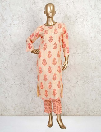 Peach printed pant style salwar suit for festive