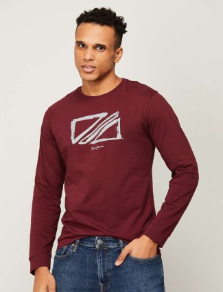 Pepe Jeans cotton maroon slim fit casual t shirt