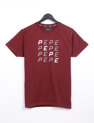 Pepe Jeans printed cotton maroon t shirt