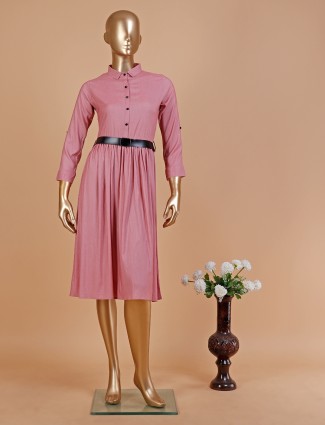 Pink color cotton dress in plain