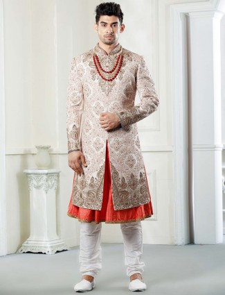 Pink hue raw silk fabric wedding function sherwani