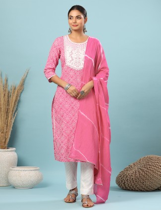 Pink printed cotton casual wear pant suit