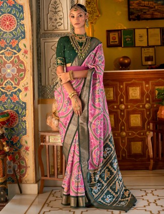 Pink printed wedding wear silk saree
