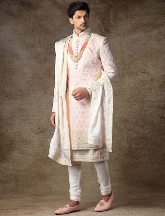 Pink raw silk fabric sherwani for wedding occasions