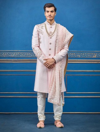 Pink raw silk sherwani for groom